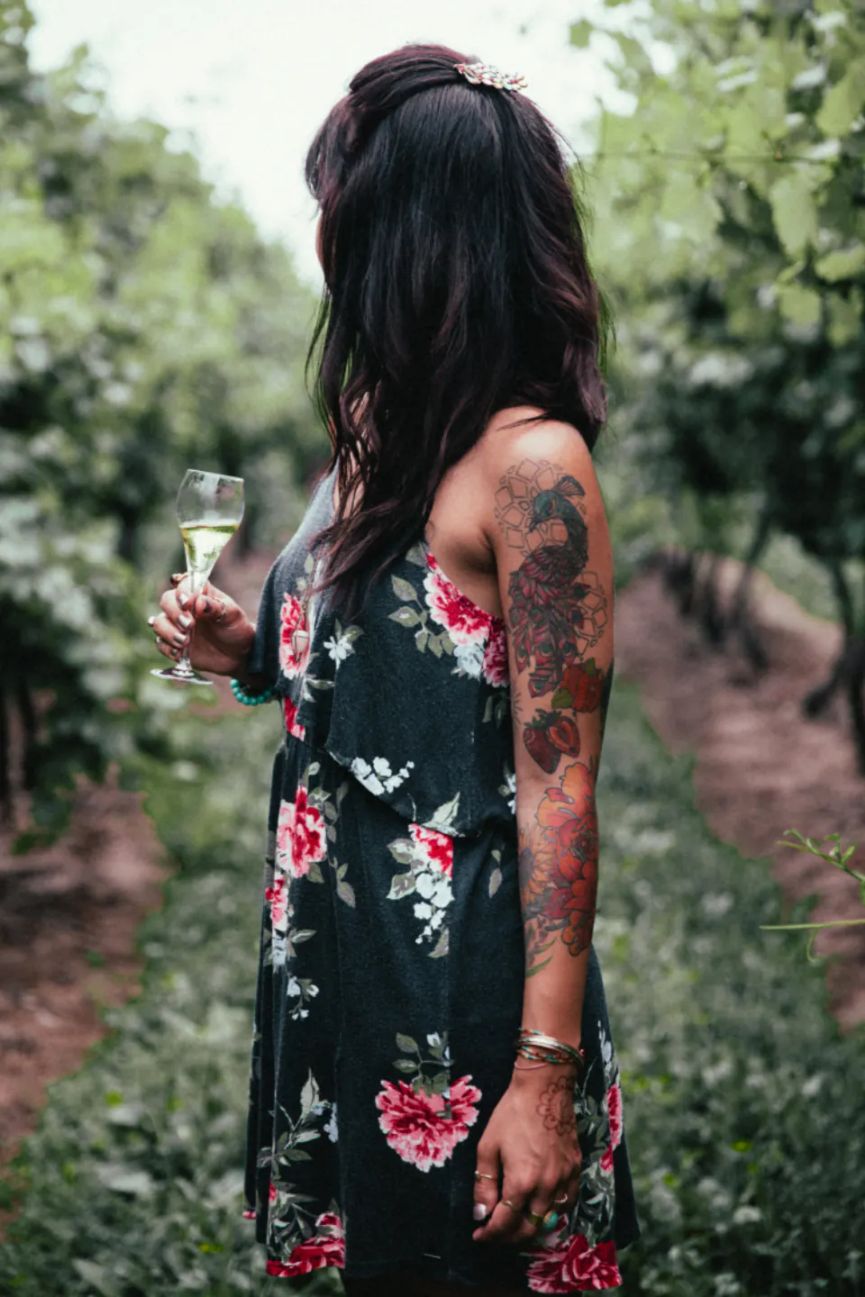 Personne de dos tenant un verre de vin blanc dans les vignes