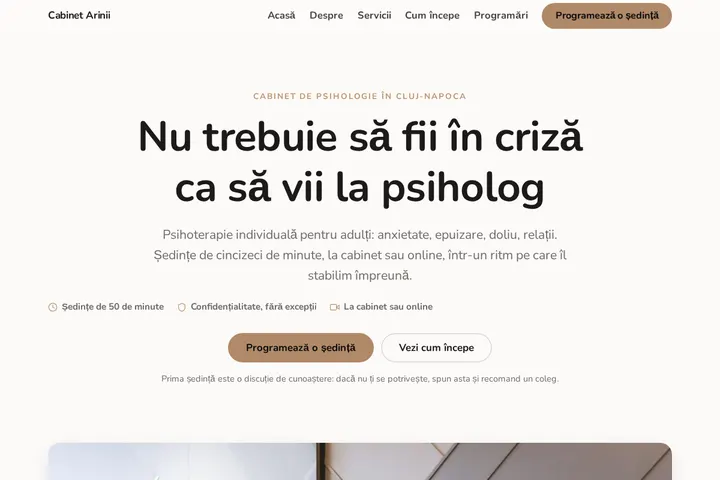 Captură de ecran a site-ului Cabinet Psihologic Arinii