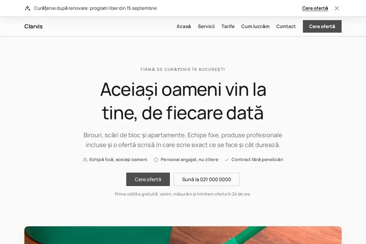 Captură de ecran a site-ului Clarvis Curățenie