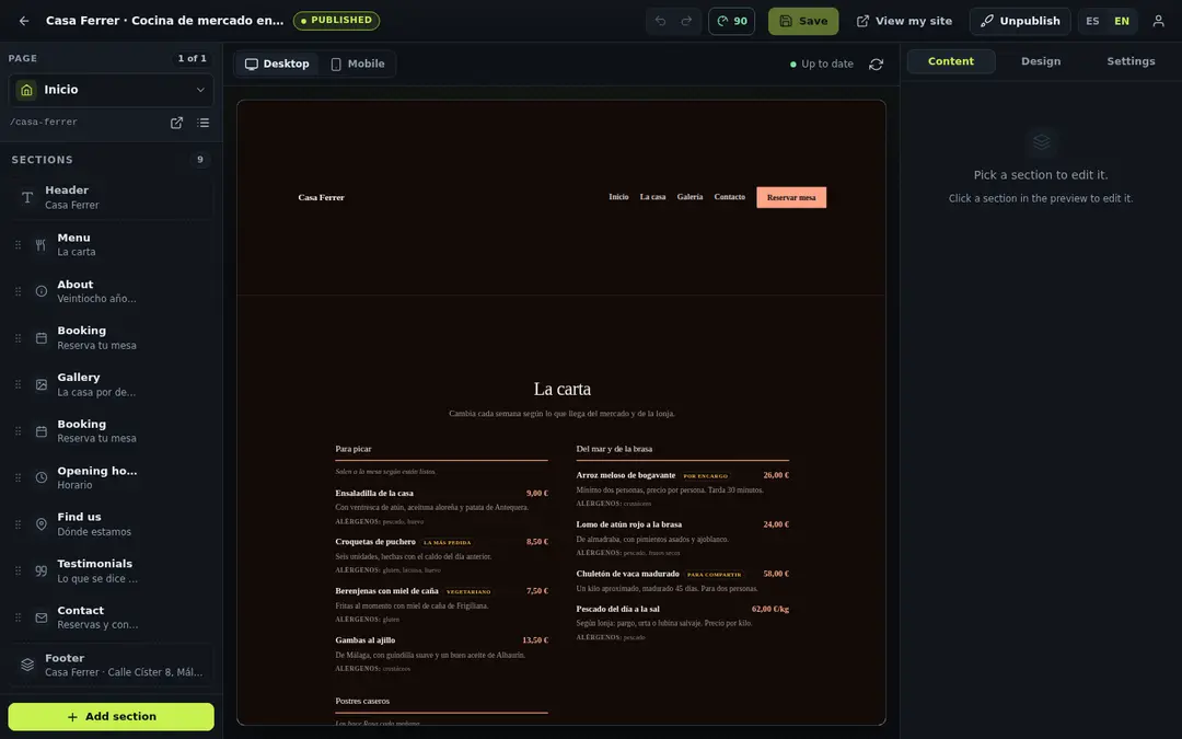 1h1app editor: a restaurant website with a menu and reservations, the section list on the left and the live preview in the middle