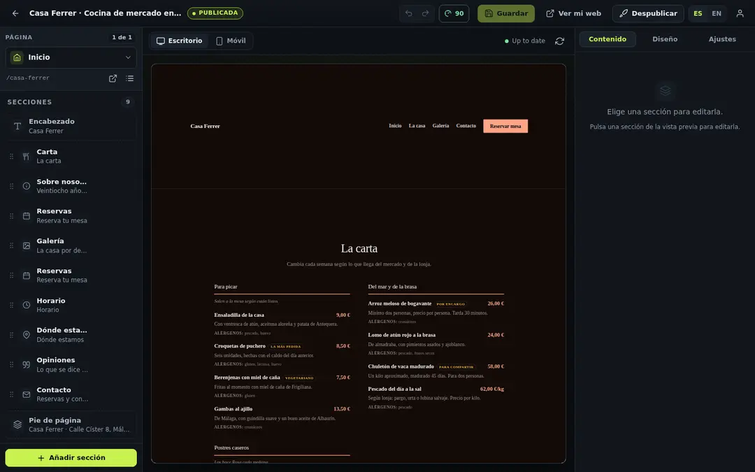 Editor de 1h1app: página web de un restaurante con carta y reservas, con la lista de secciones a la izquierda y la vista previa en el centro